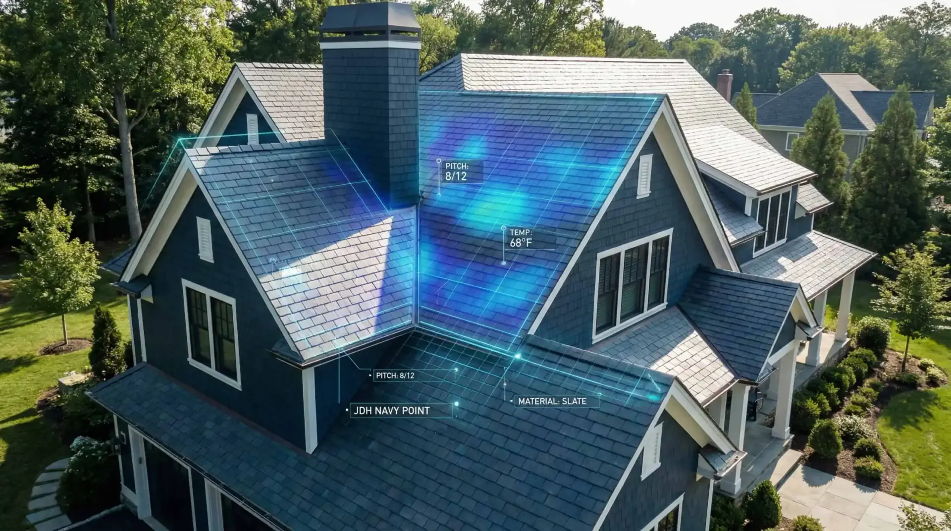 JDH Remodeling thermal-imaging and visual inspection on a Pasadena-area Anne Arundel County Maryland aerial roof view documenting wear pattern on a 1990s subdivision interior parcel