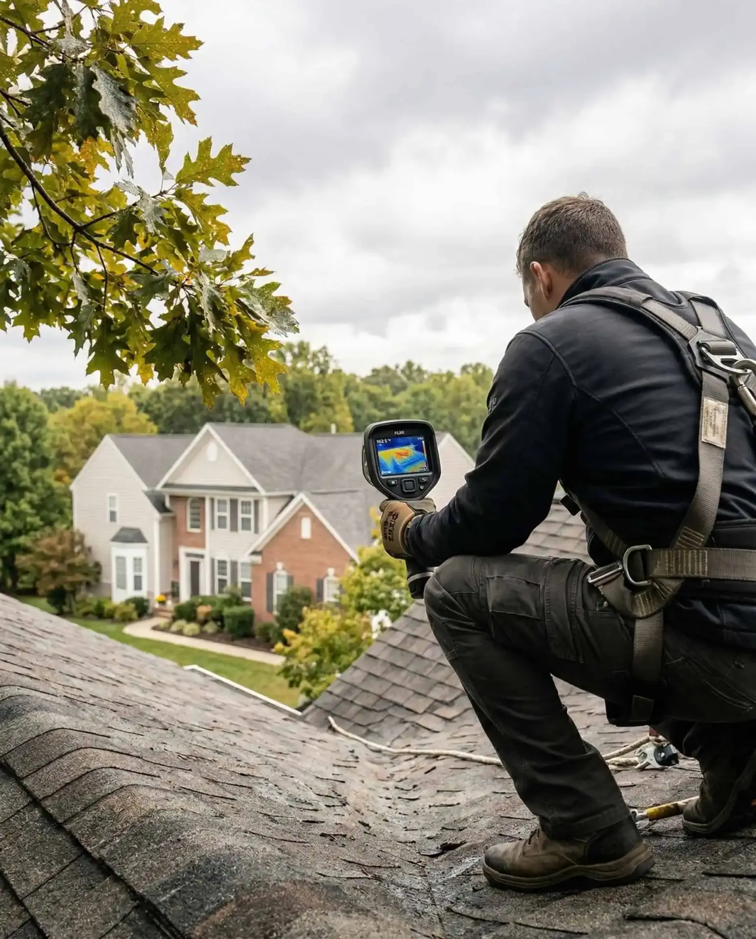 JDH Remodeling inspector on a Southern Maryland home roof using FLIR thermal imaging camera to detect hidden moisture in the roofing system during a forensic inspection
