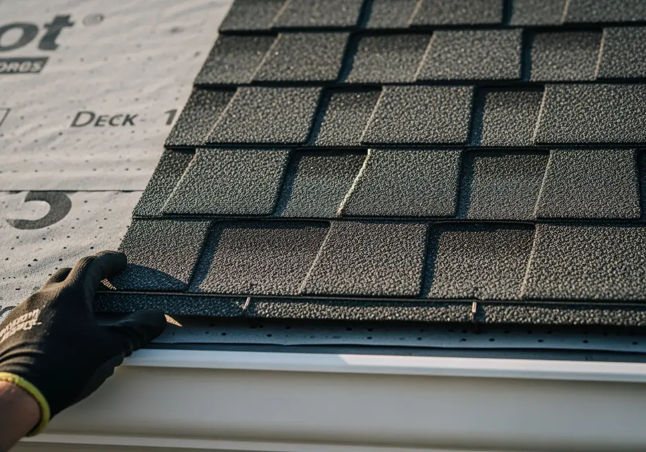 Close-up of a JDH crew member placing an Owens Corning Duration architectural shingle over Deck Defense synthetic underlayment with drip edge visible at the eave