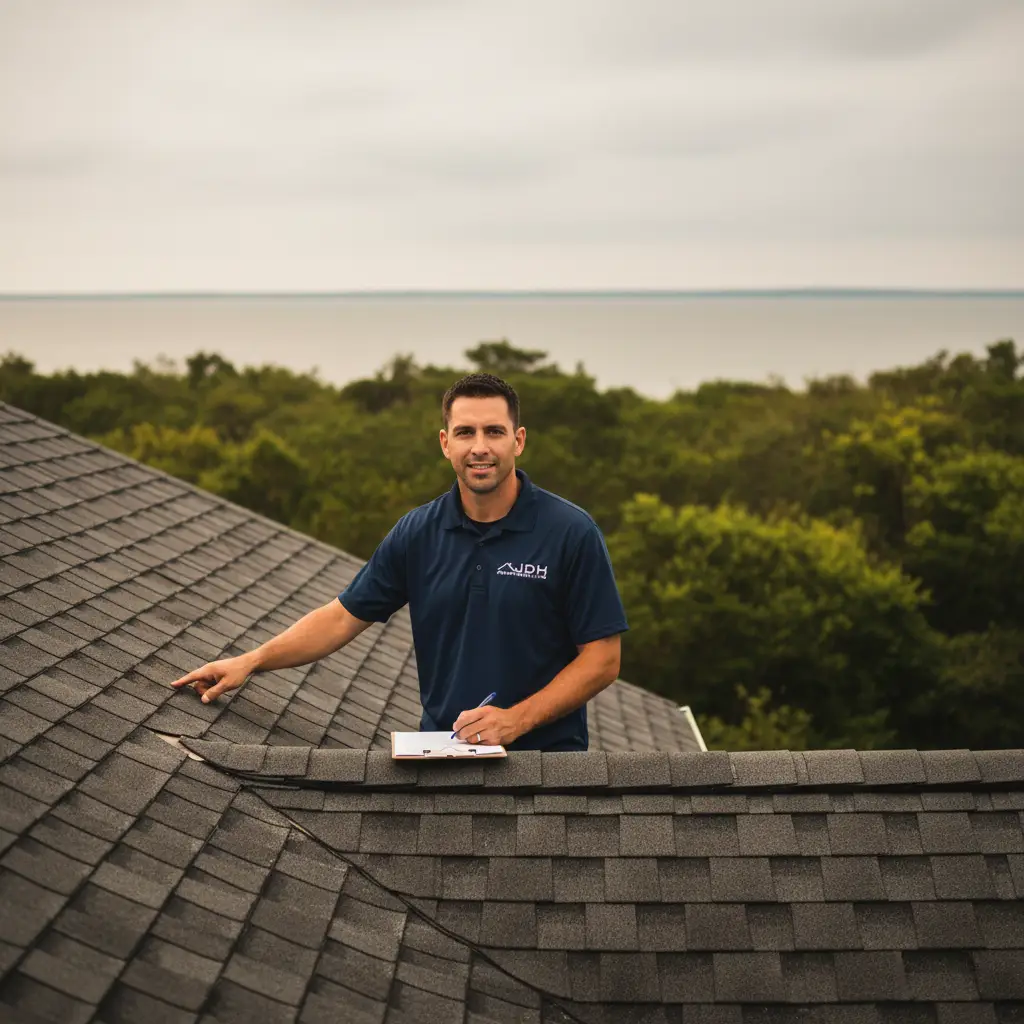 JDH Remodeling roof repair technician inspecting shingles on a home near the Chesapeake Bay in Chesapeake Beach Maryland