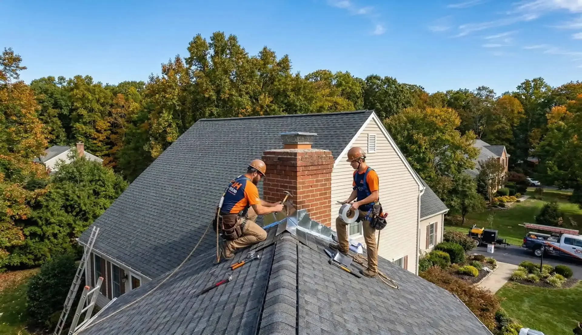 JDH Remodeling roofing crew installing new asphalt shingles on a Southern Maryland residential home during a financed roof replacement project