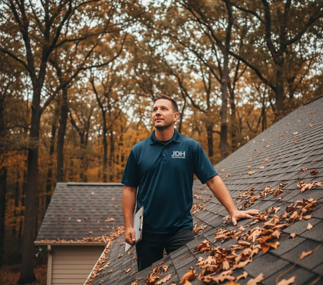 JDH professional roofer inspecting Maryland autumn roof covered in fallen leaves during fall maintenance season