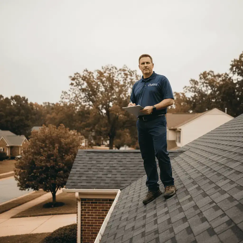 JDH Remodeling roof repair technician inspecting shingles on a residential home in Prince Frederick, Maryland