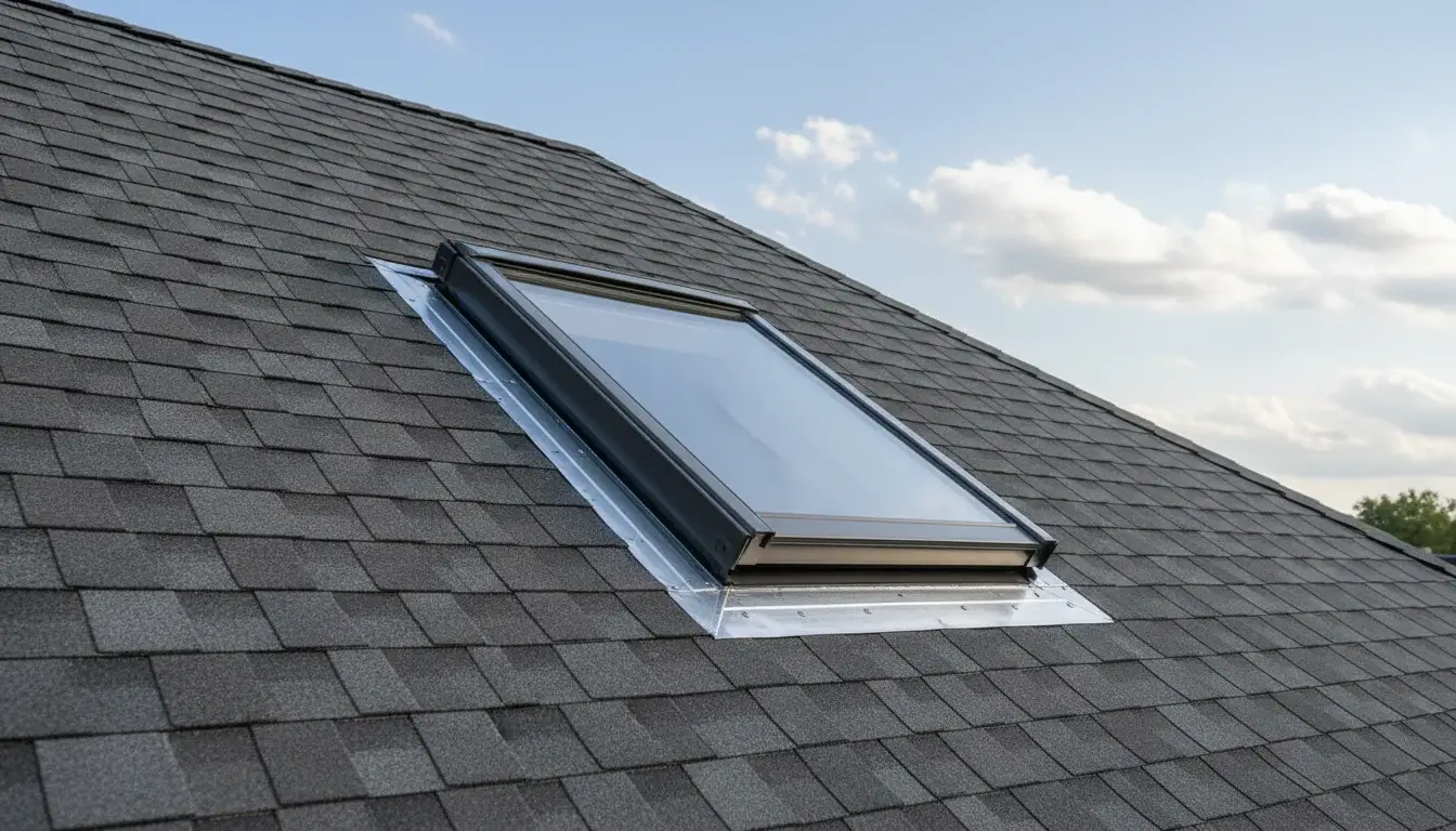 VELUX fixed deck-mount skylight with new four-sided aluminum step flashing on an Owens Corning architectural asphalt shingle roof, installed by JDH Remodeling on a Maryland home