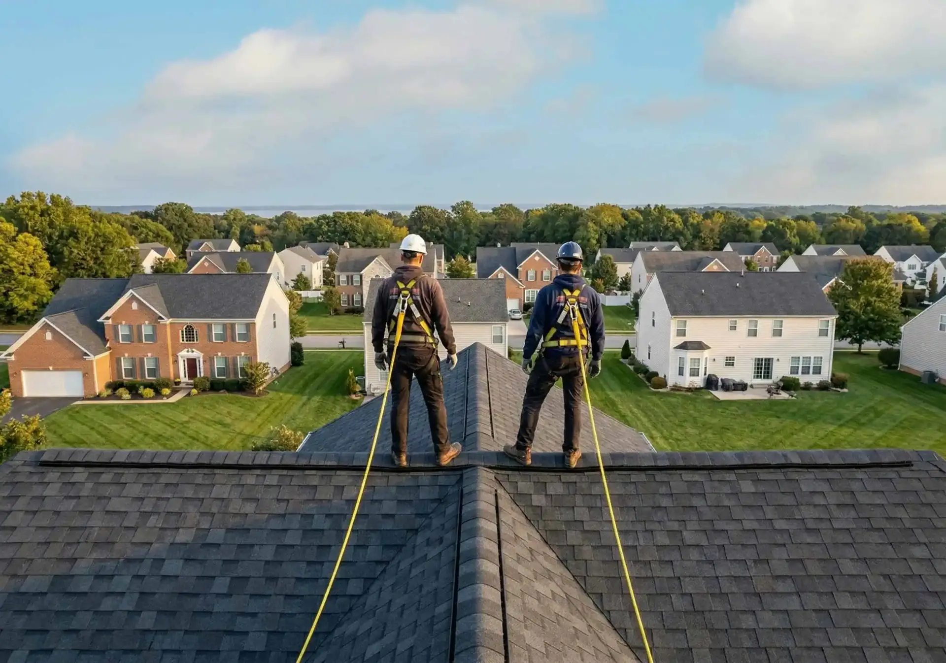 JDH roofing team on a completed residential project in Maryland with safety harnesses