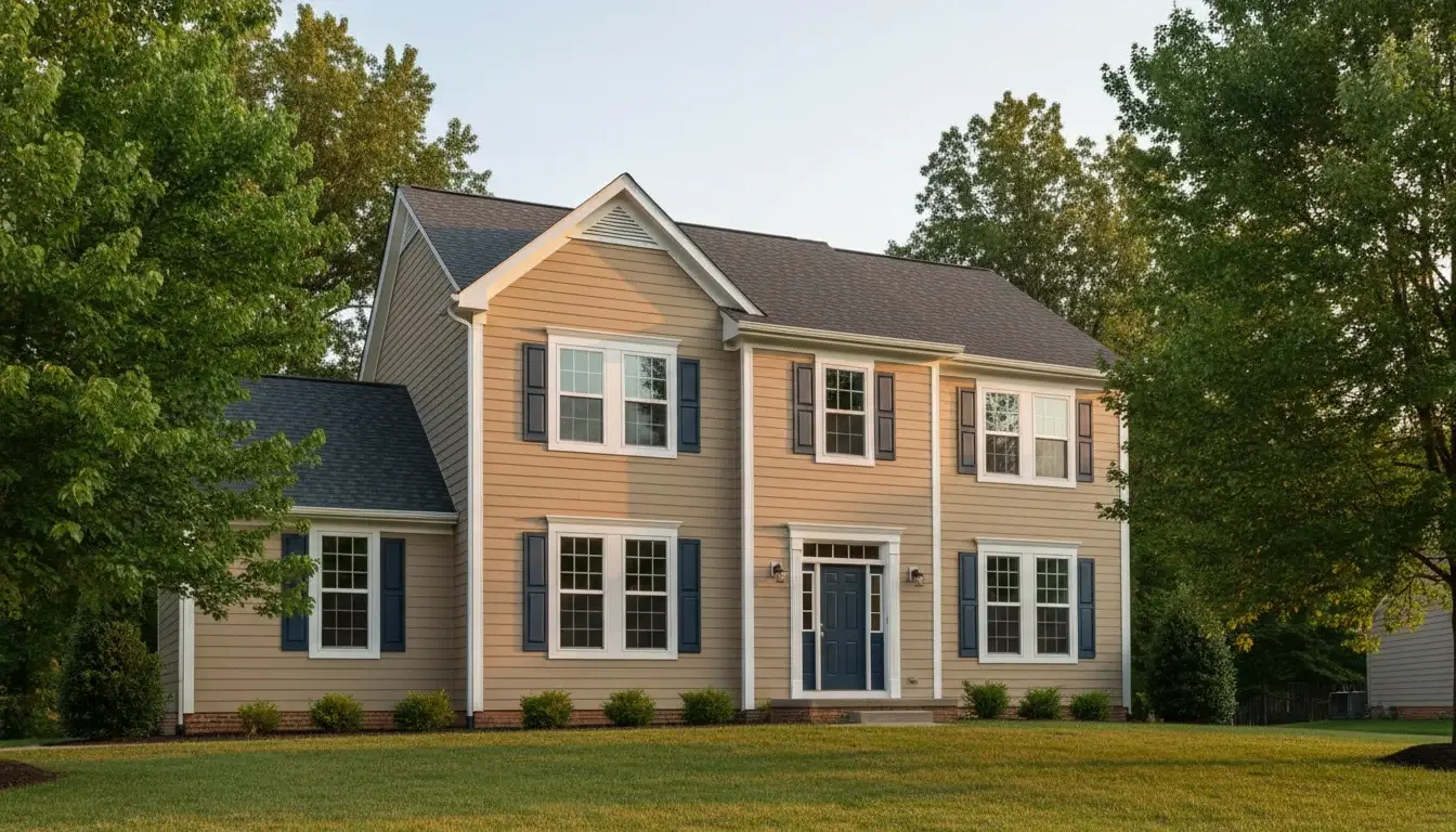 ProVia CedarMax insulated vinyl siding in a warm clay color, installed by JDH Remodeling on a Maryland colonial home