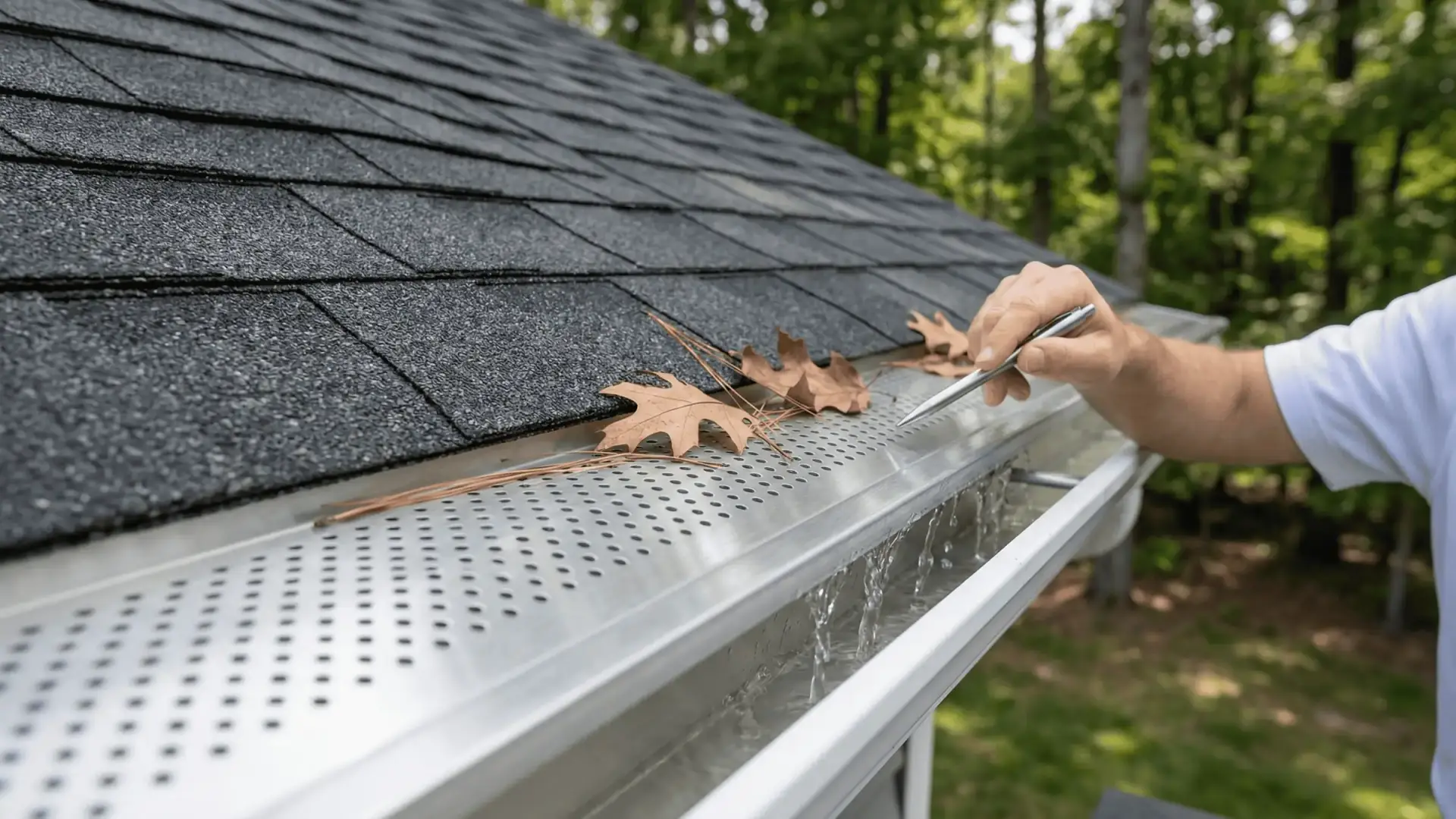 Close-up of Leaf Relief gutter-guard installation on a Maryland home gutter system, financed through JDH gutter financing