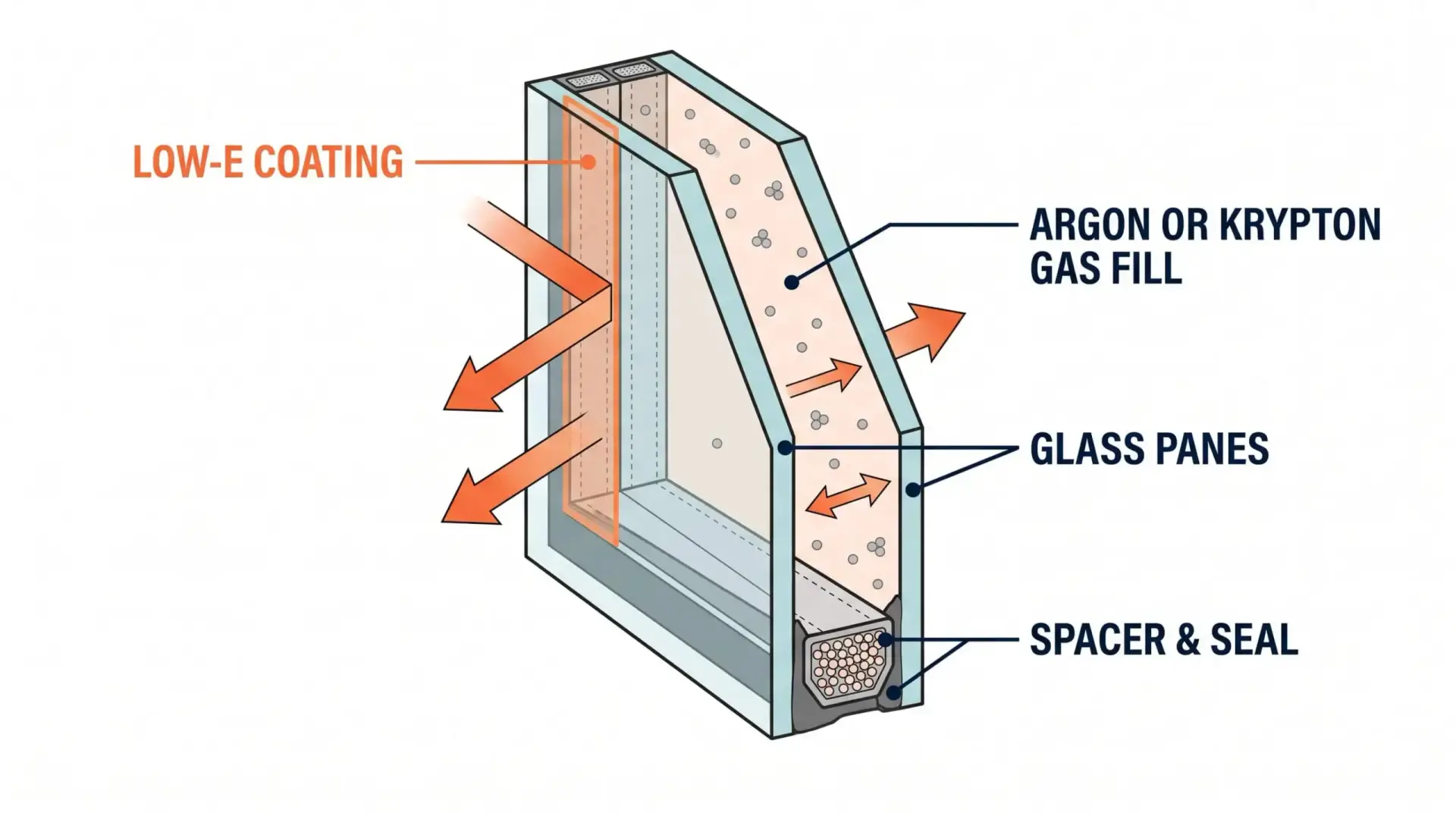Cross-section diagram of an insulated glass unit on a Maryland home, labeled illustration showing the Low-E coating and the argon or krypton gas fill between the glass panes