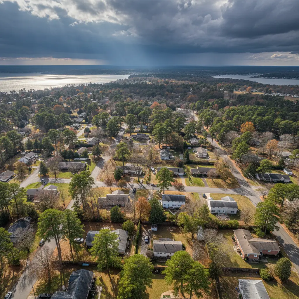 Aerial view of a Lusby Maryland Chesapeake Bay peninsula residential neighborhood after a wind event documented by JDH Remodeling HAAG Master Certified inspector