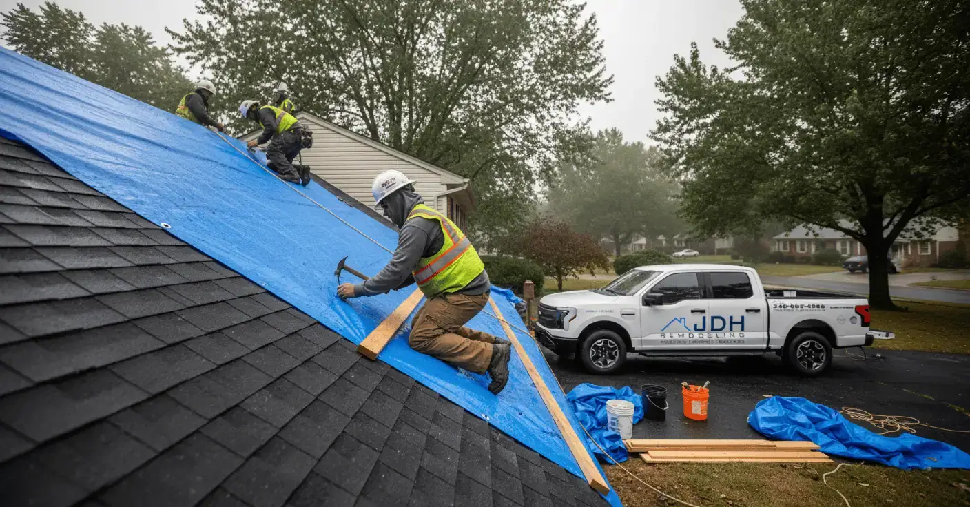 JDH Remodeling crew installing emergency tarp on a Prince Frederick Maryland home during storm damage response
