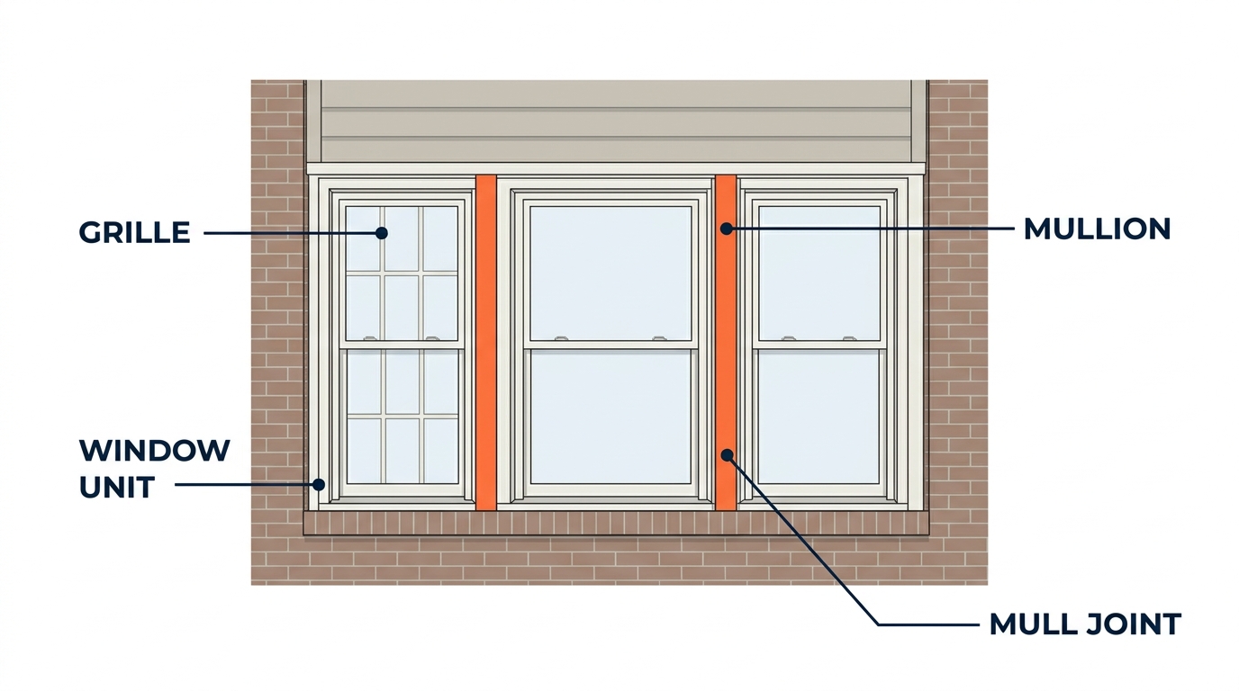Detail diagram of a three-window assembly on a Maryland home, labeled illustration showing the mullions joining the units versus the decorative grille inside a single pane