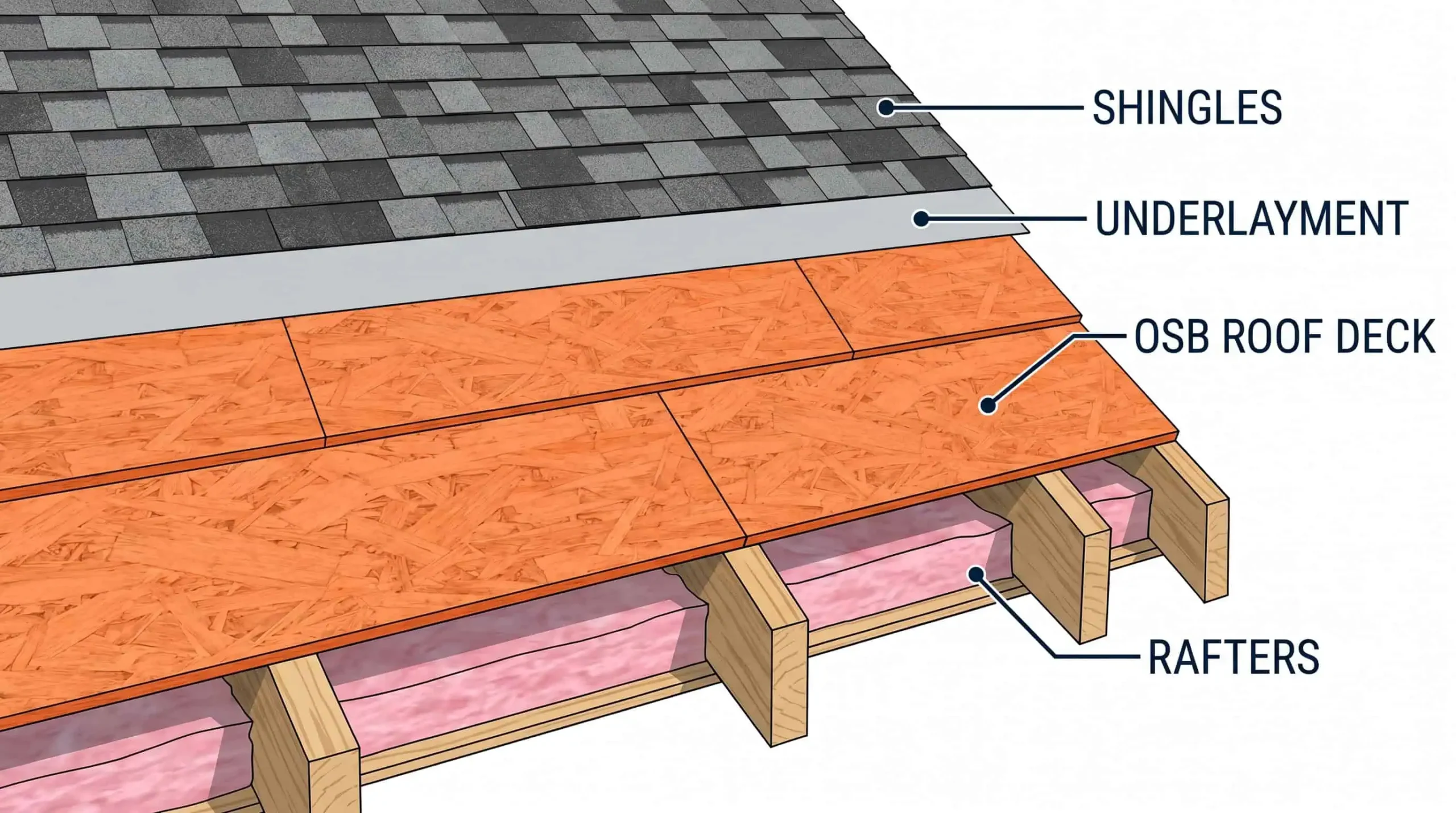 Cutaway diagram of a residential roof on a Maryland home, labeled illustration showing the OSB roof deck as the structural substrate between rafters and underlayment