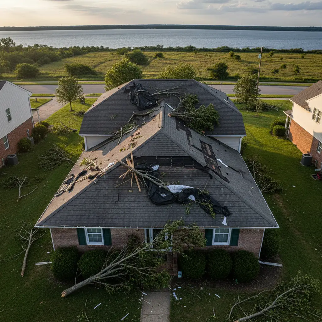 Aerial view of Prince Frederick Maryland residential area in Calvert County served by JDH Remodeling, post-storm damage assessment