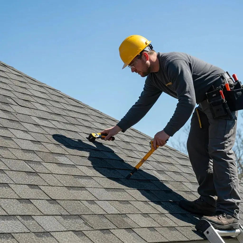 Professional roof inspector examining shingles and flashing on a residential roof