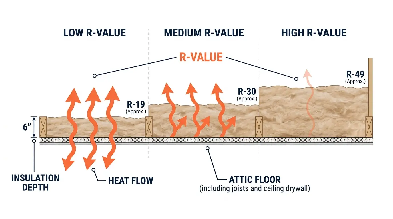 Comparison diagram for a Maryland attic showing how higher R-value and greater insulation depth let less heat flow through