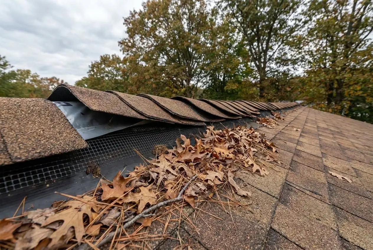 JDH Remodeling close-up of a Twin Beaches area roof edge gutter guard system with shingle wear and autumn debris documented during a HAAG inspection visit