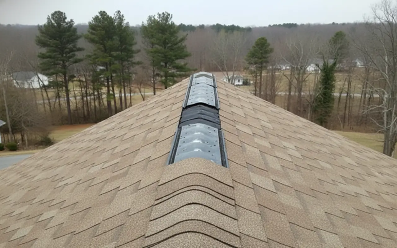 Drip edge flashing on JDH roof showing L-shaped metal trim at eave with architectural shingles installed above