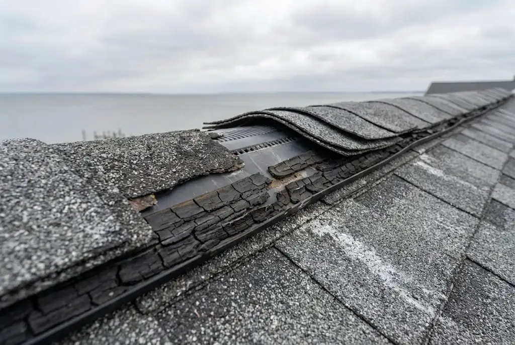 Ridge vent with failed sealant strips and separated cap shingles on a Chesapeake Beach Maryland roof from salt air and UV exposure