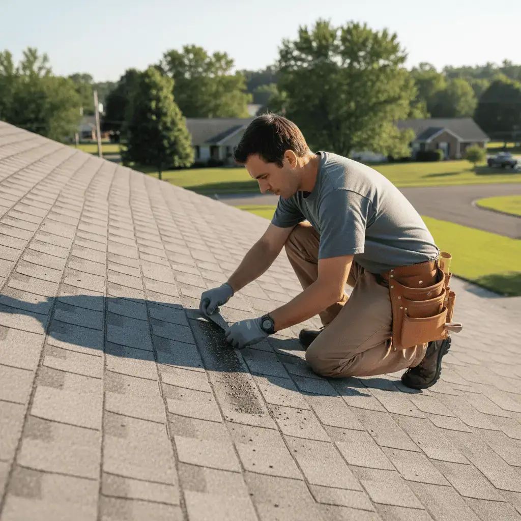 Roofing contractor inspecting a damaged residential roof from above
