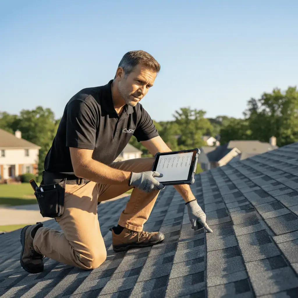 Roofing contractor kneeling on roof with tablet documenting minor issues during an annual preventive inspection