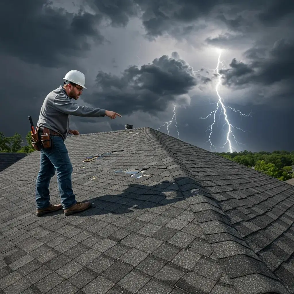 Roof inspector assessing storm damage on a residential roof