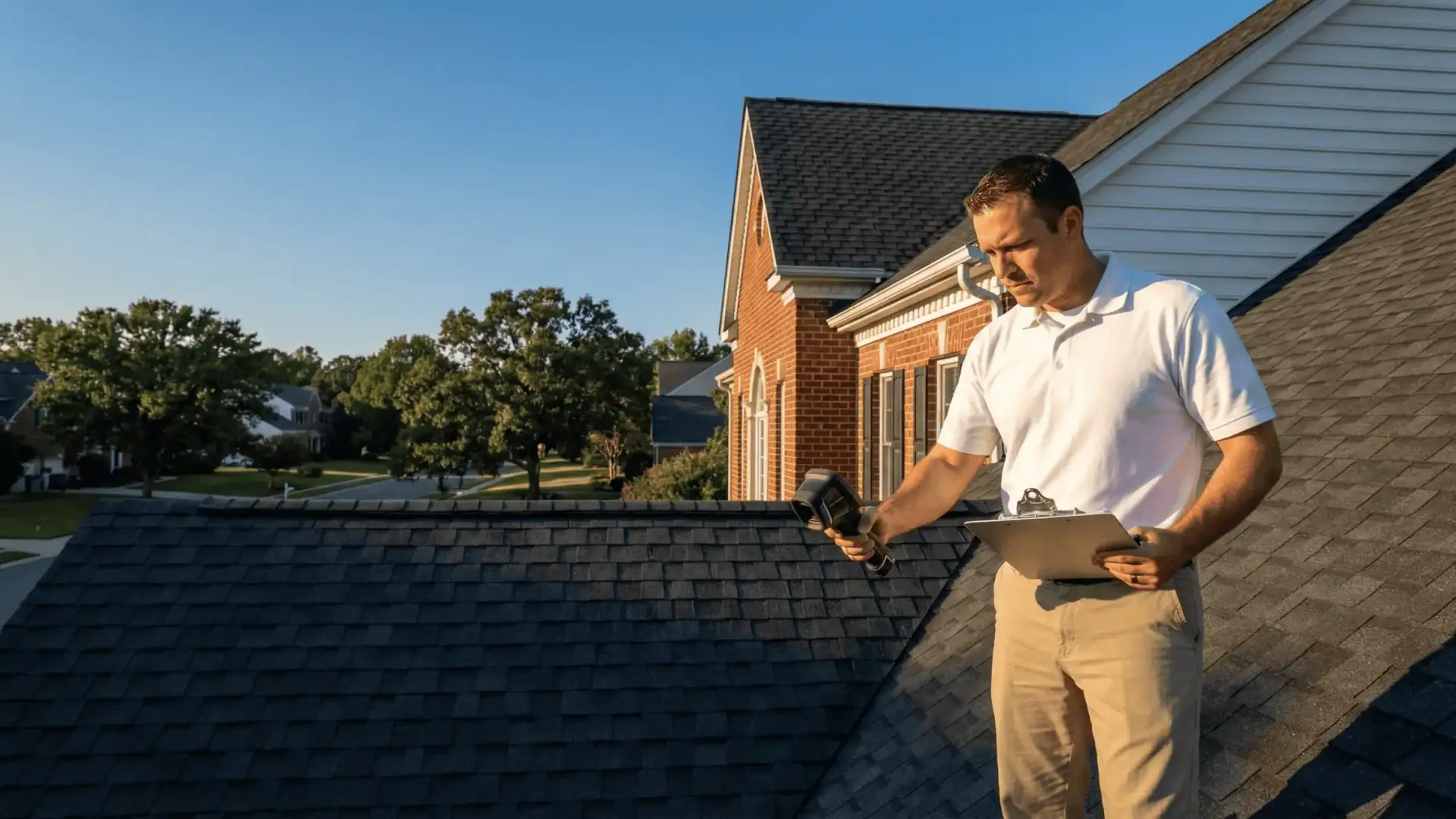 Storm-damaged asphalt shingle roof on a California Maryland home being inspected by JDH Remodeling, with hail strikes and lifted ridge