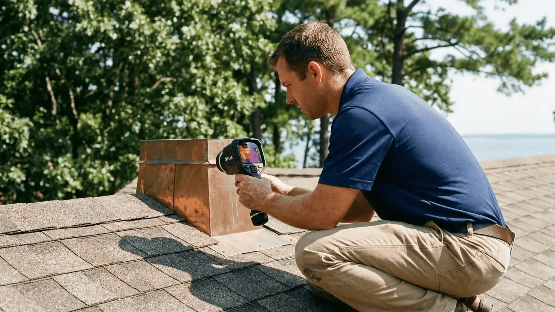 JDH technician inspecting roof and chimney flashing condition with diagnostic thermal imaging tool during Lusby Maryland property assessment