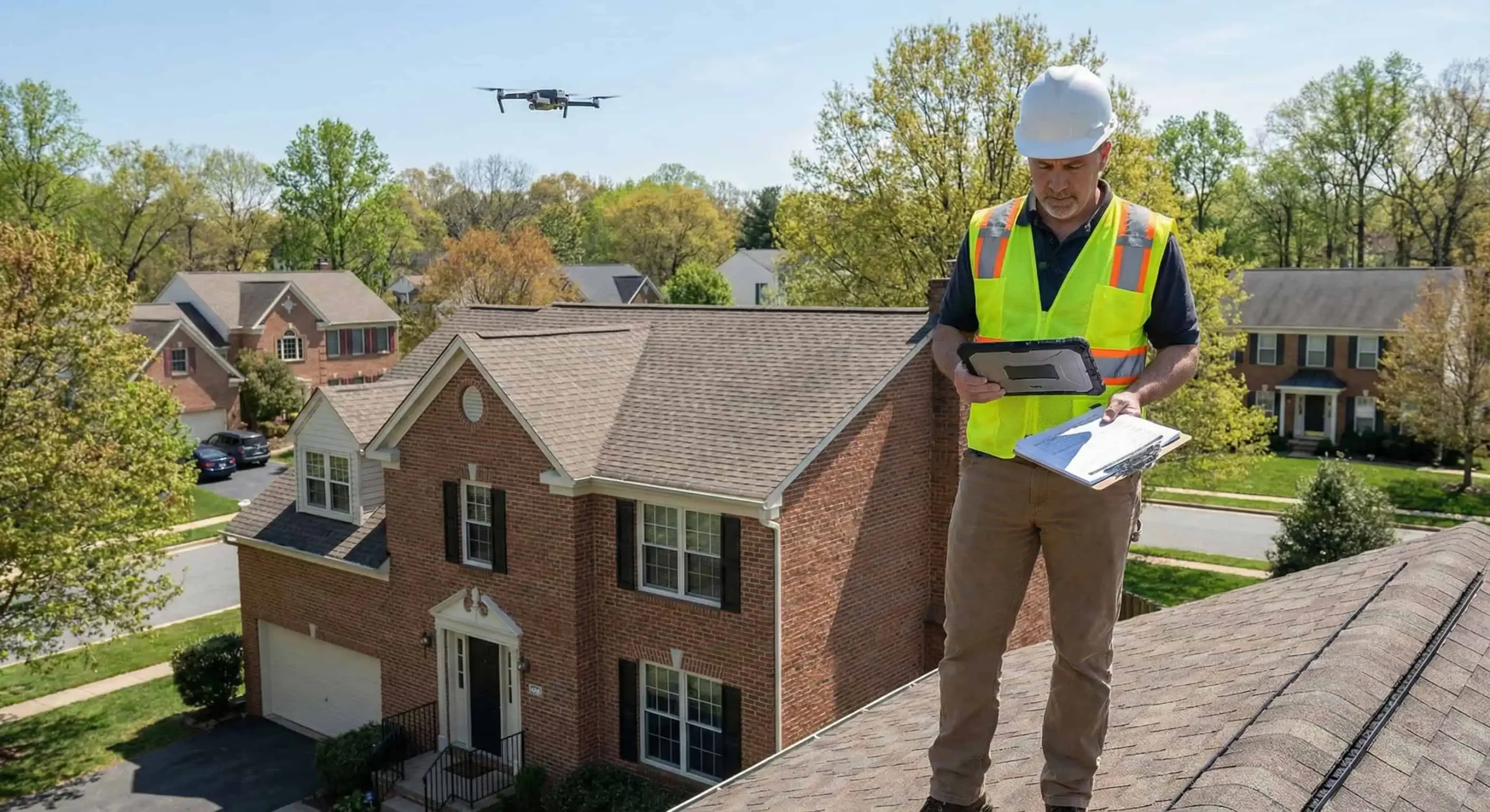 Drone inspection of storm-damaged asphalt shingle roof on a Waldorf Maryland St. Charles village colonial after the July 1 2024 storm, photographed by JDH Remodeling HAAG inspector