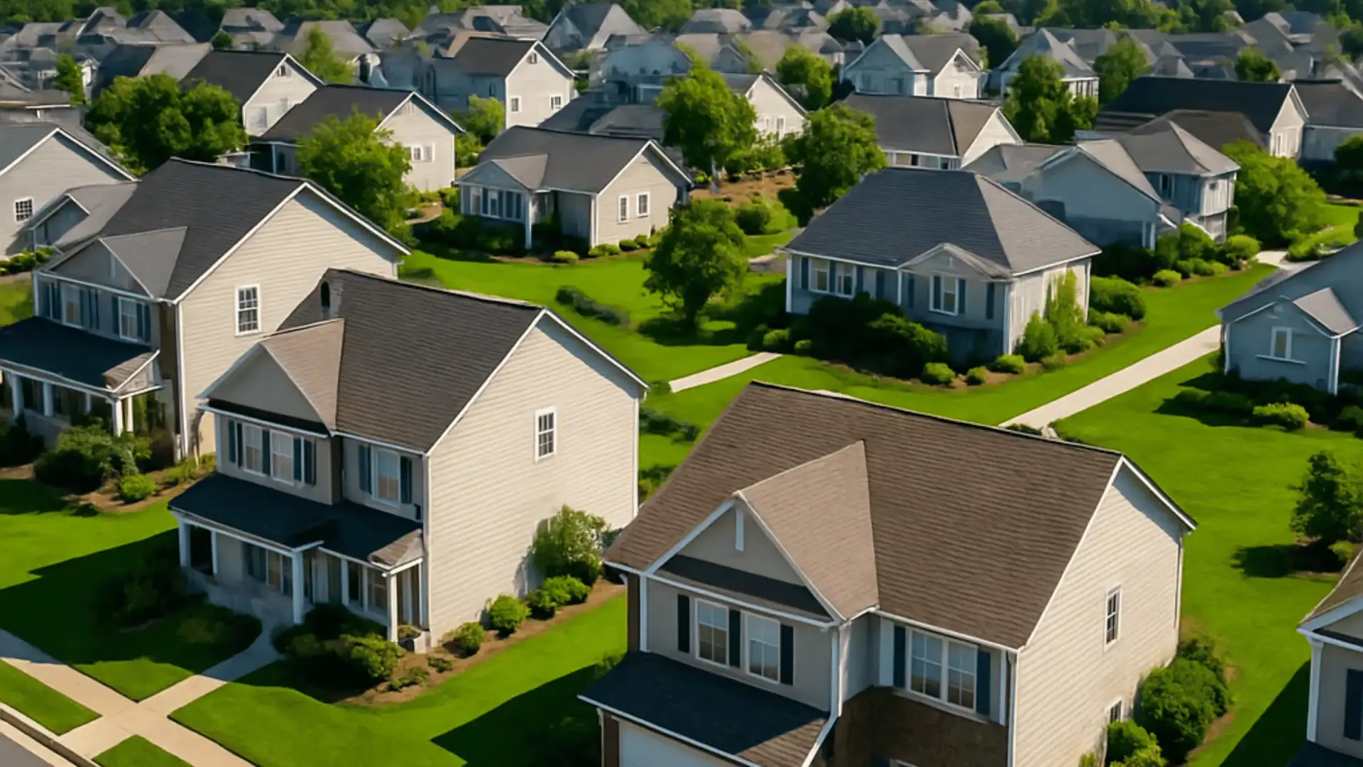 JDH Remodeling aerial view of completed roof installations on multiple two-story suburban homes in the Anne Arundel County corridor representing Crofton subdivision density