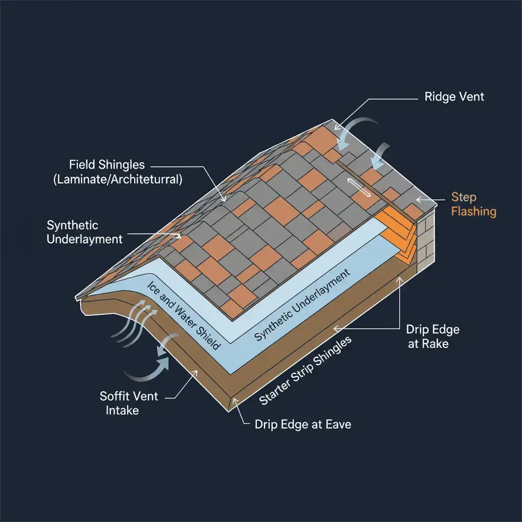 Cross-section diagram showing all components of a residential roofing system from deck to ridge