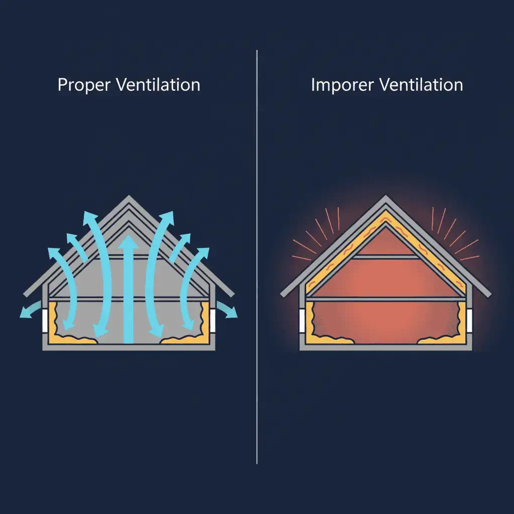 Side-by-side comparison diagram showing proper versus improper roof ventilation airflow