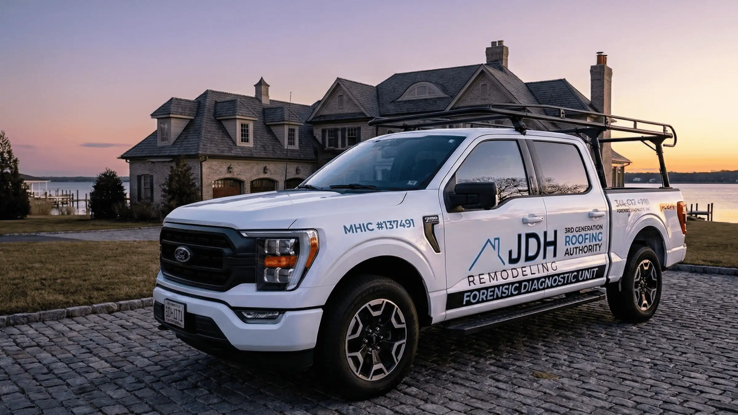 JDH Remodeling HAAG Master Certified roofer arriving at a Greens of Crofton golf-course-frontage 2-story colonial in Crofton Maryland with clipboard documenting scope of work for the Crofton Civic Association HOA approval pack