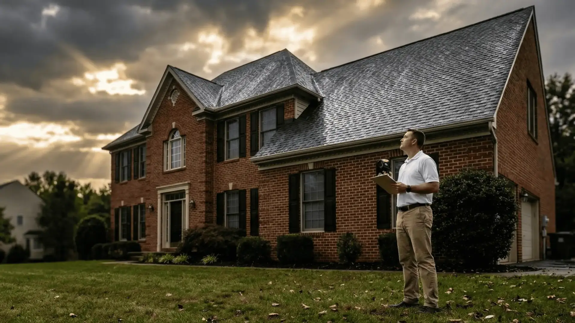 JDH Remodeling HAAG Master Certified inspector evaluating a brick colonial roof in Bowie Prince George's County Maryland