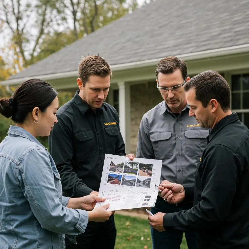 Roofing professionals discussing inspection findings with a homeowner