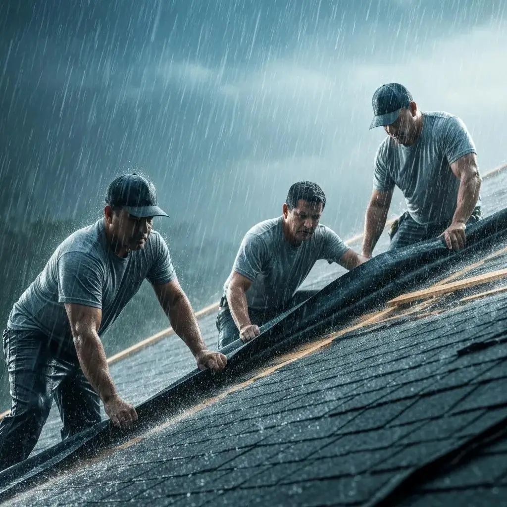 Roofing team performing emergency repairs during a rainstorm