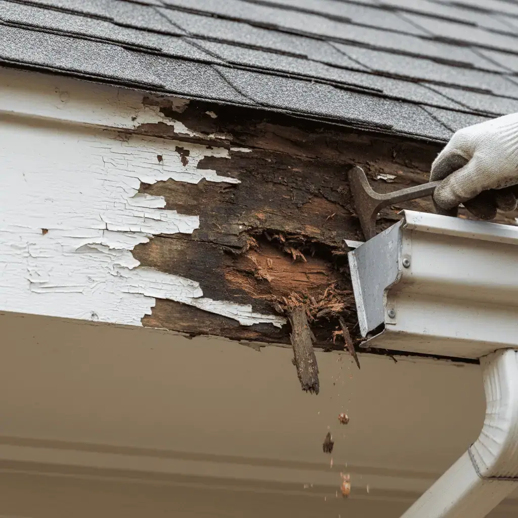 Rotted fascia board at gutter line caused by water redirected from failed Flex Seal roof repair