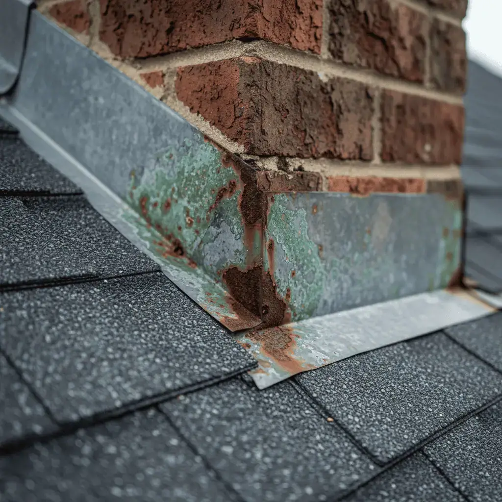 Close-up of corroded galvanized steel roof flashing on a Calvert County home showing salt air deterioration that requires aluminum flashing replacement