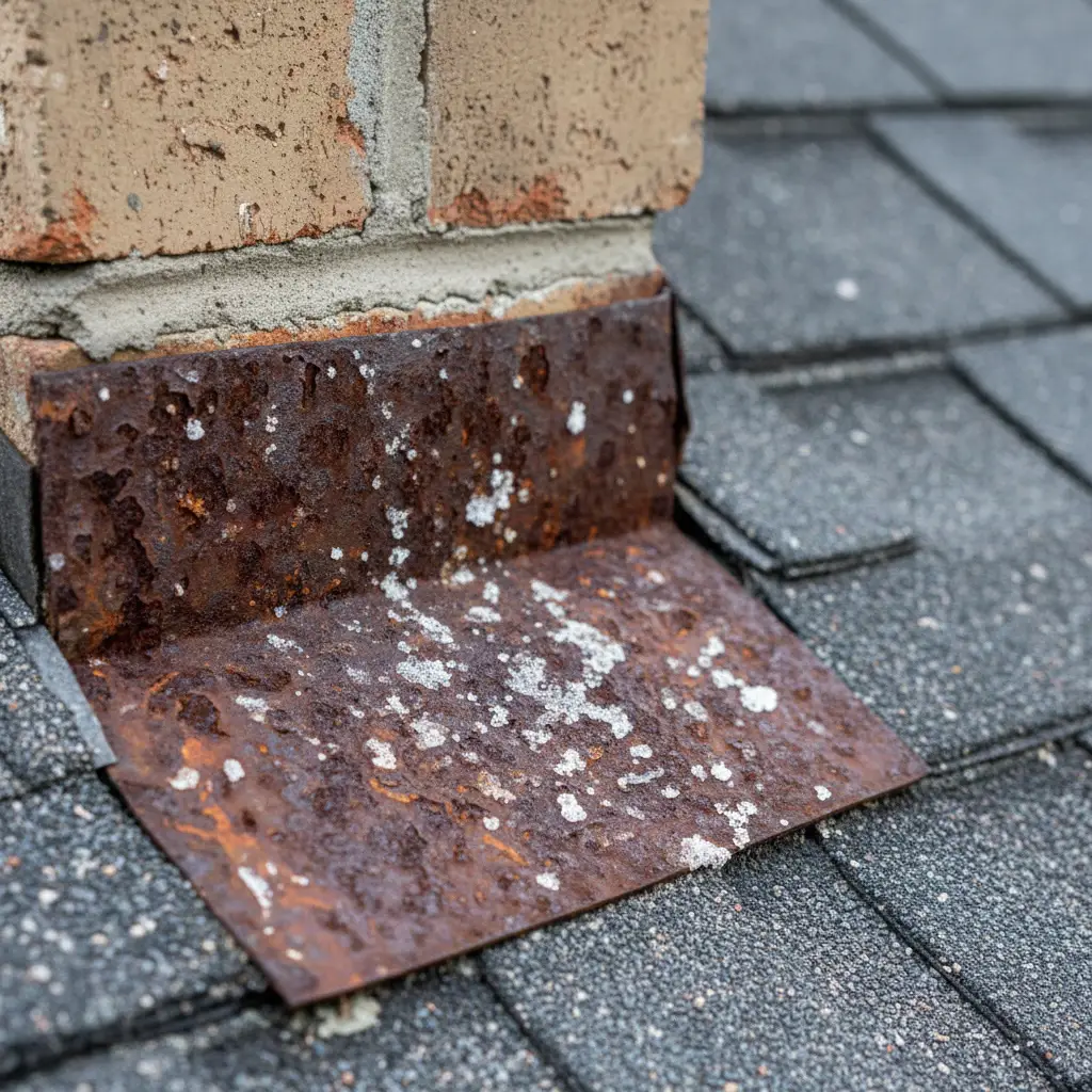 Severely corroded chimney flashing with salt deposits on a Chesapeake Beach Maryland home roof showing salt air damage from Chesapeake Bay proximity