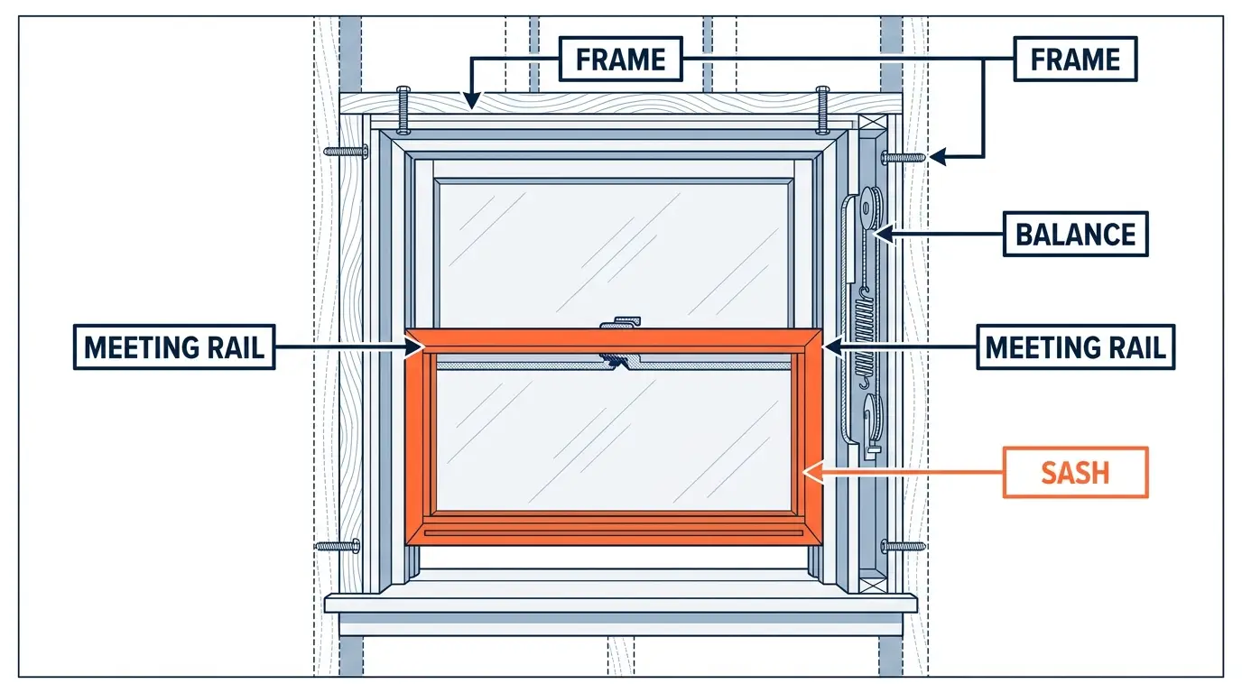 Detail diagram of a double-hung window on a Maryland home, labeled illustration showing the sash, frame, meeting rail, and balance mechanism