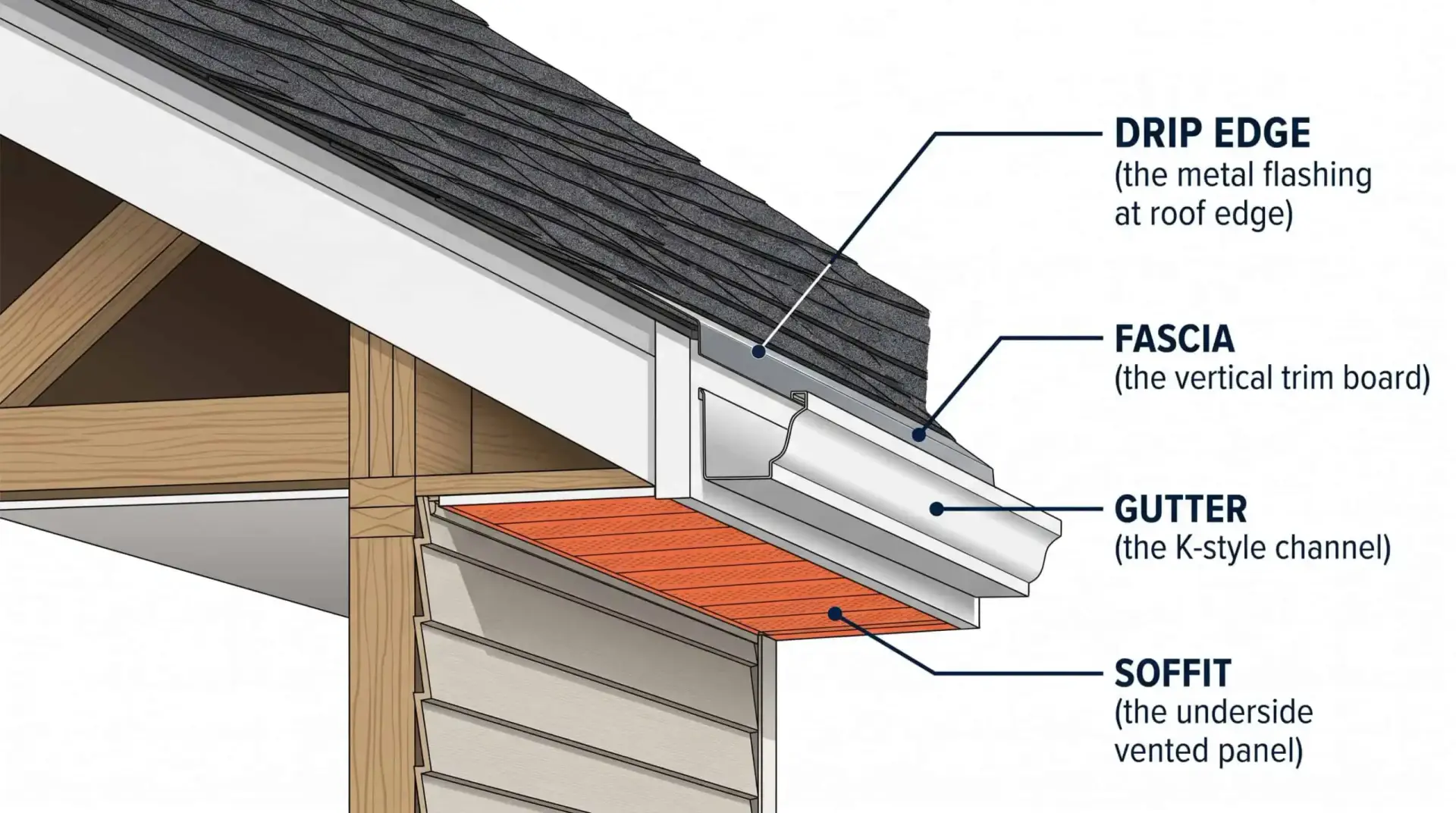 Anatomy of a residential roof eave on a Maryland home, labeled diagram with the soffit panel highlighted, plus fascia, gutter, and drip edge for context