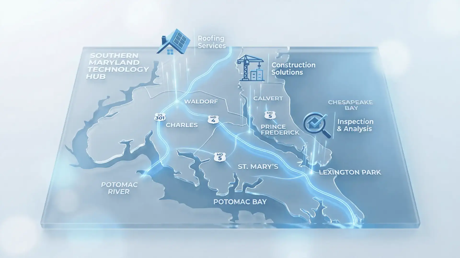 JDH Remodeling service area map covering Prince Frederick and Calvert County Maryland, headquartered in St. Leonard 9 miles south