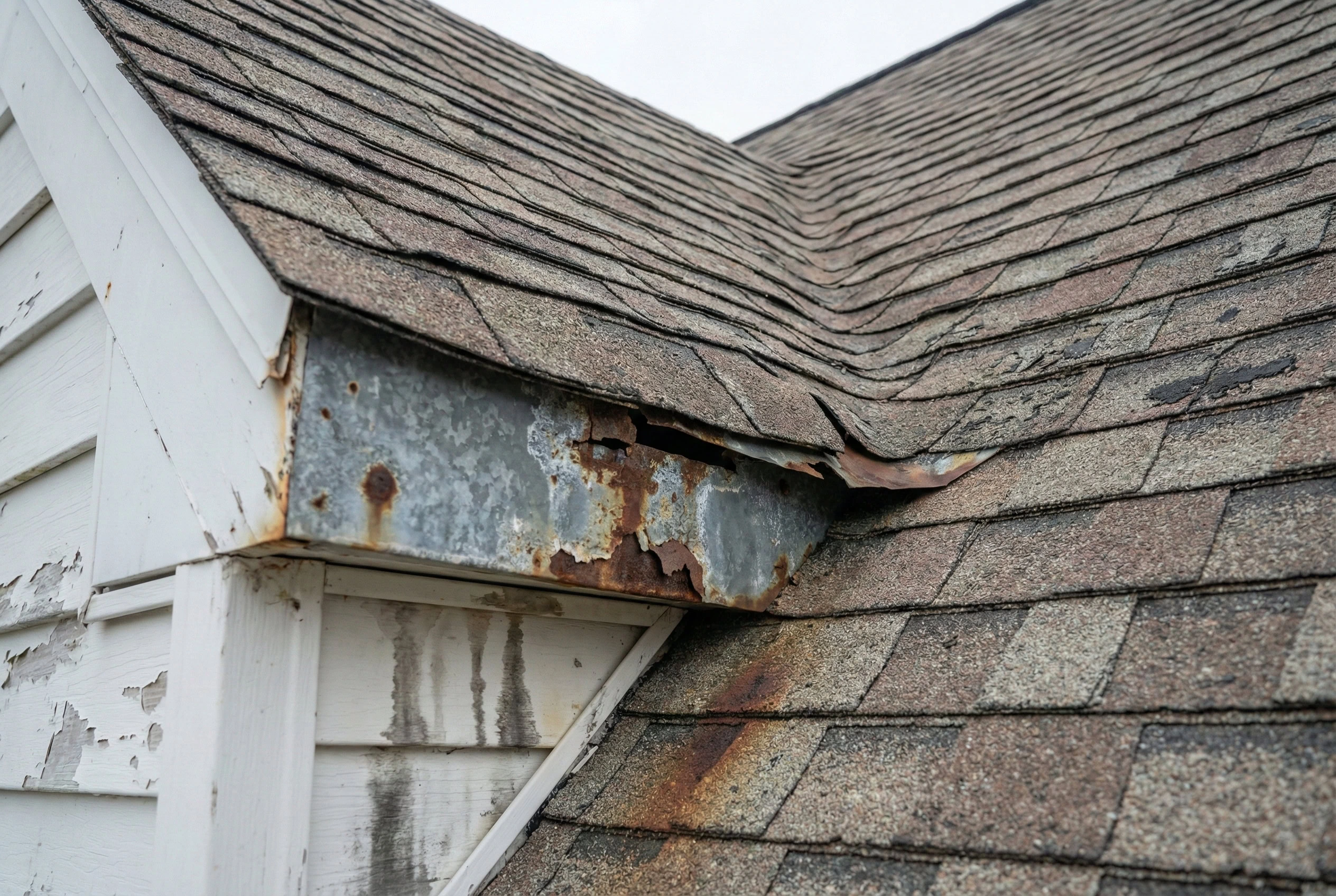 JDH Remodeling close-up of step flashing failure on a Chesapeake Beach Maryland roof documenting salt-air corrosion at the chimney-to-roof intersection on a bayfront parcel