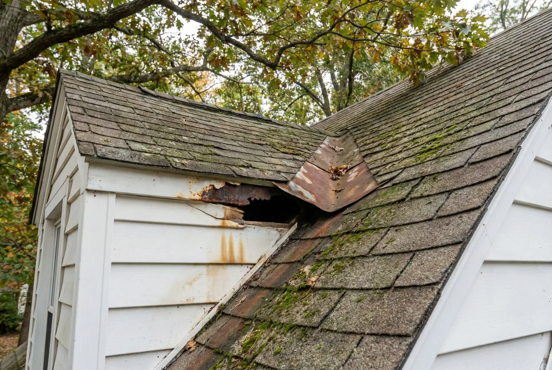 Step flashing and counter-flashing installed at a chimney intersection by JDH Remodeling