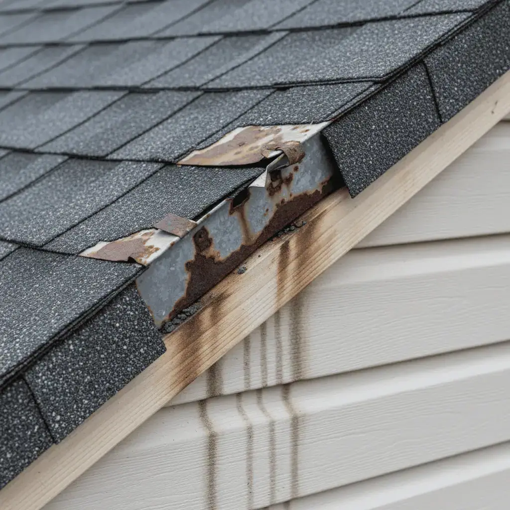 Failed step flashing where a Prince Frederick home roof meets a sidewall showing rust and separation that allows water intrusion