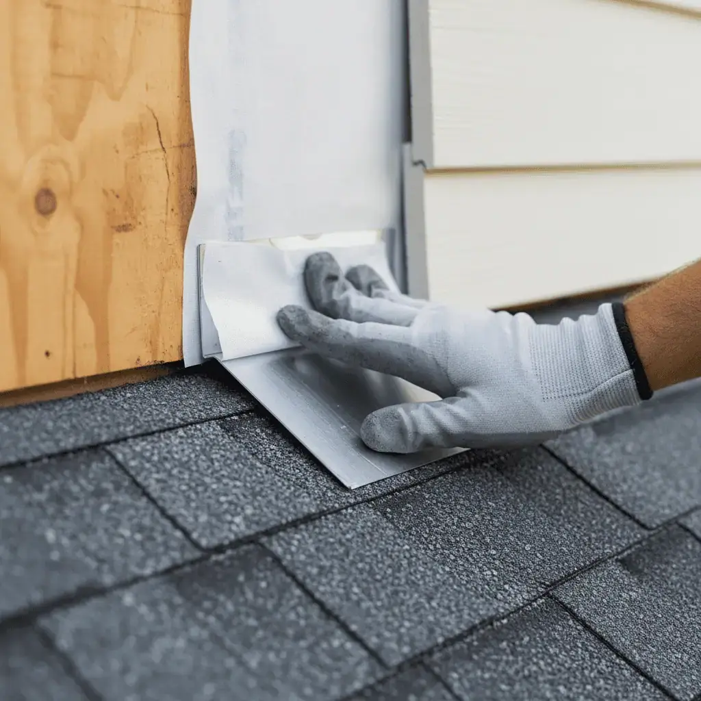 Close-up of step flashing installation showing proper integration with house wrap vapor barrier
