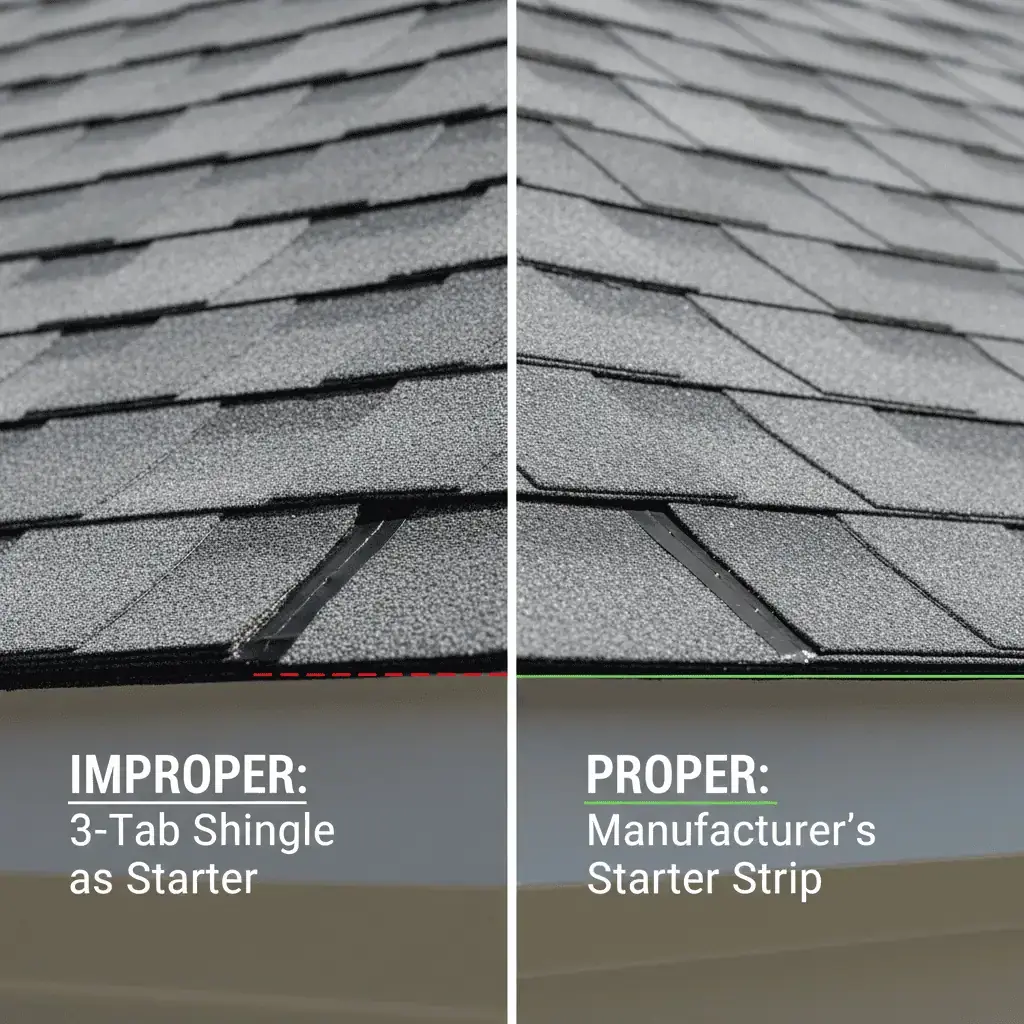 Comparison of three-tab shingle used as starter strip versus manufacturer-designed starter strip showing sealant alignment