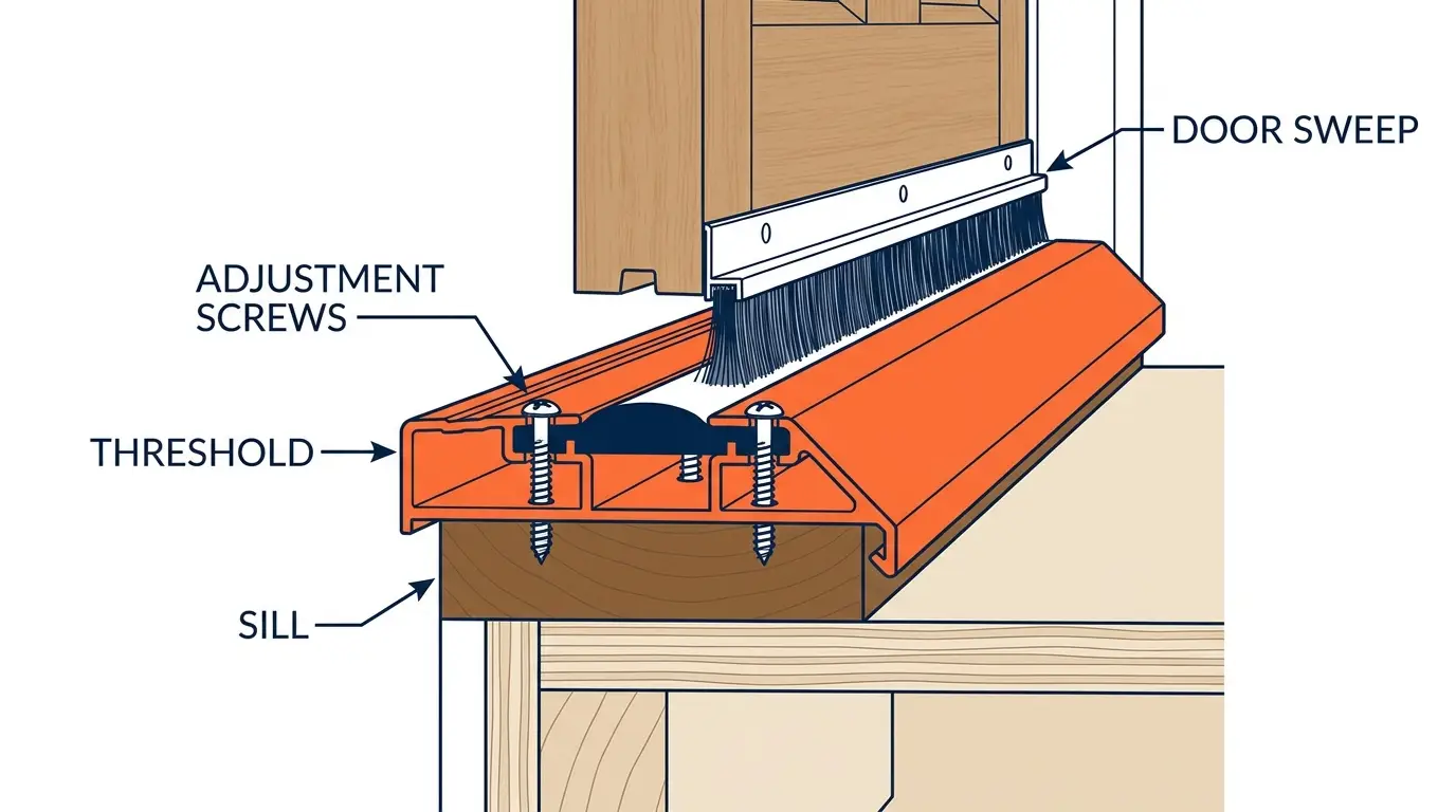 Cross-section diagram of an exterior door bottom on a Maryland home, labeled illustration showing the threshold, adjustment screws, door sweep, and sill