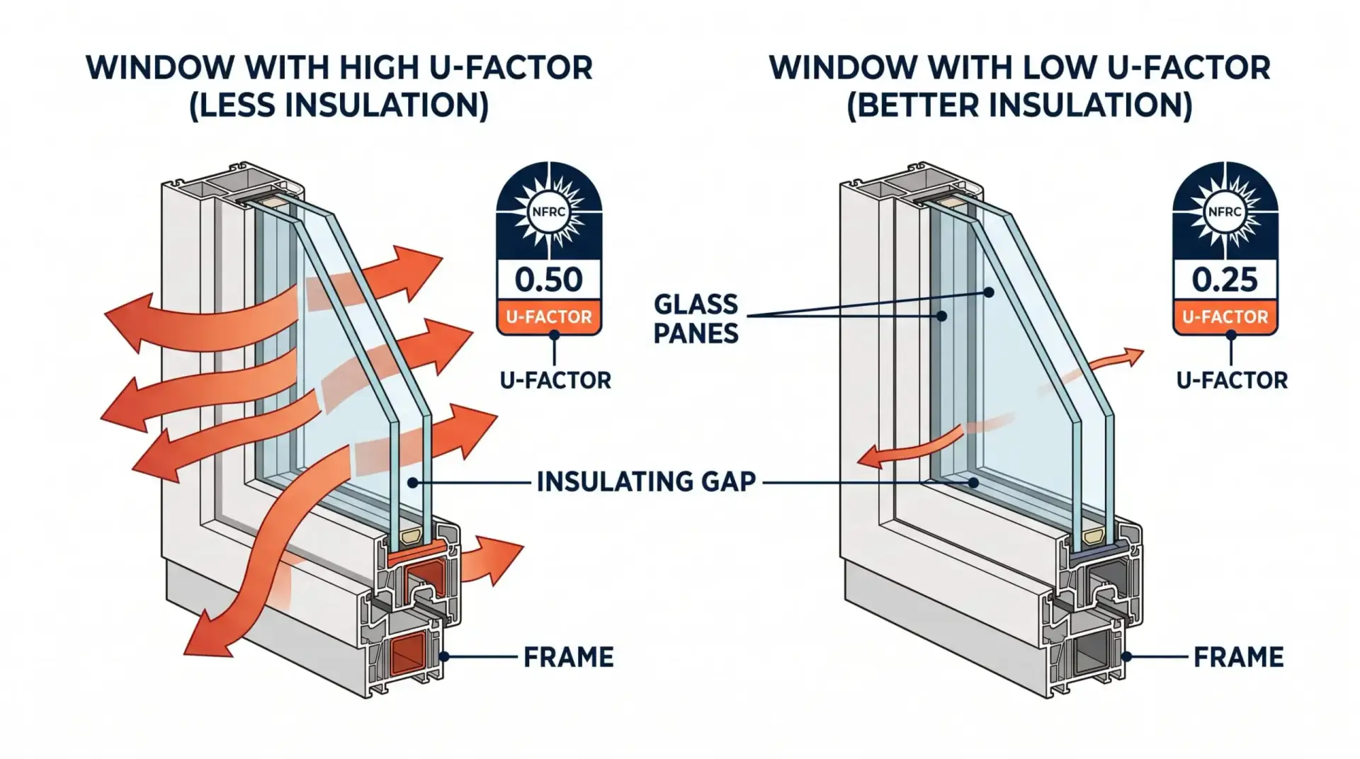 Educational diagram comparing a high U-factor and low U-factor window on a Maryland home, showing heat-loss arrows and the insulating gap between glass panes