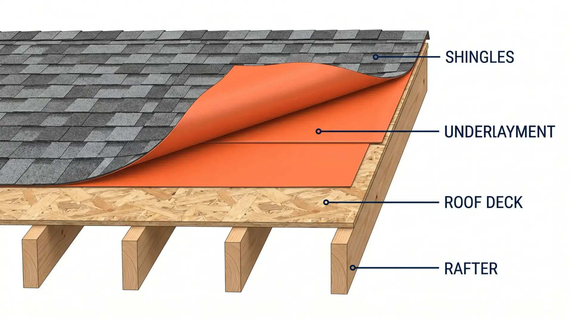 Cutaway diagram of a residential roof on a Maryland home, labeled illustration showing the underlayment membrane between the asphalt shingles and the OSB roof deck