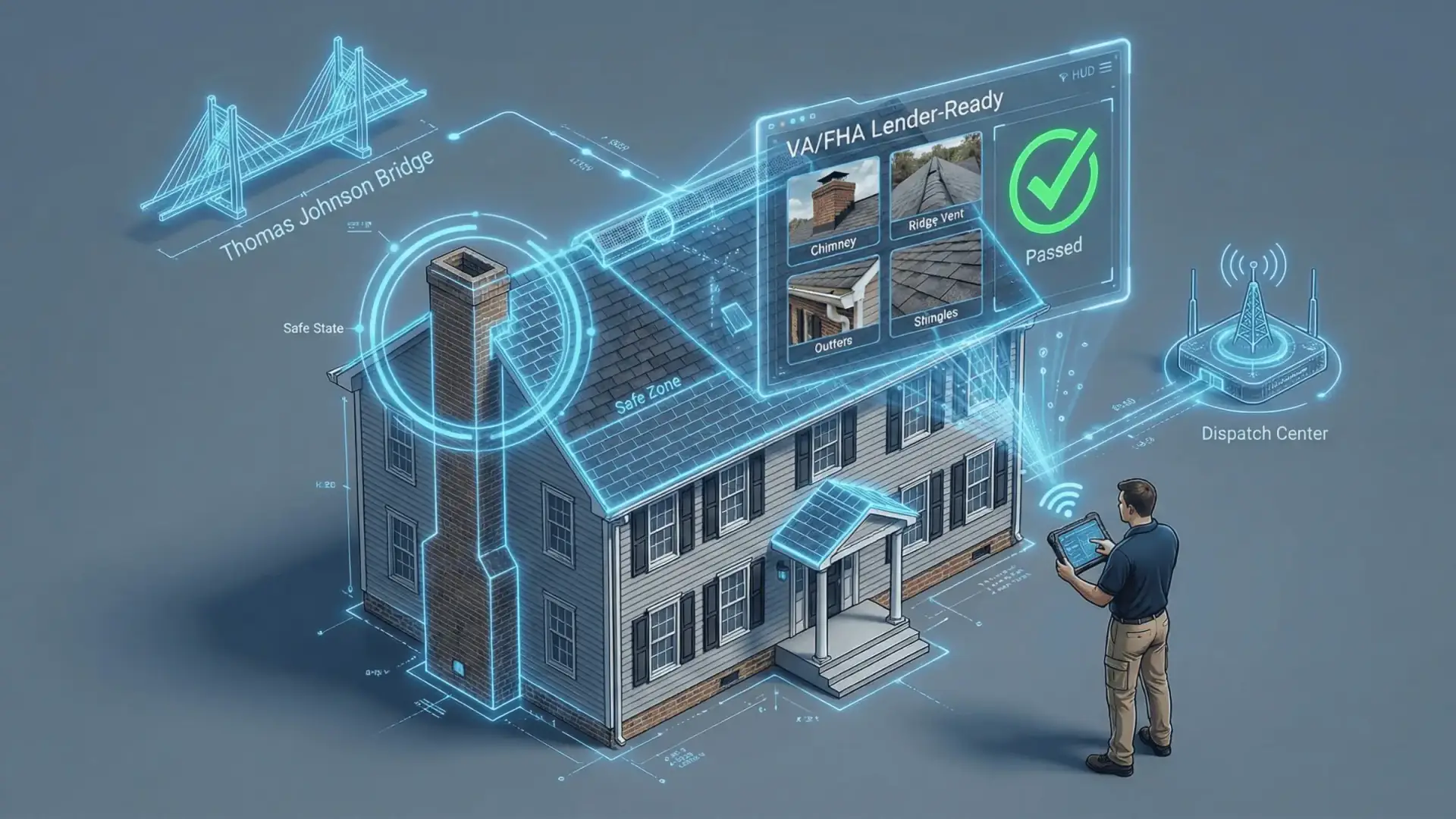 Digital VA and FHA lender-ready roof certification report for a California Maryland Pax River homeowner produced by JDH Remodeling
